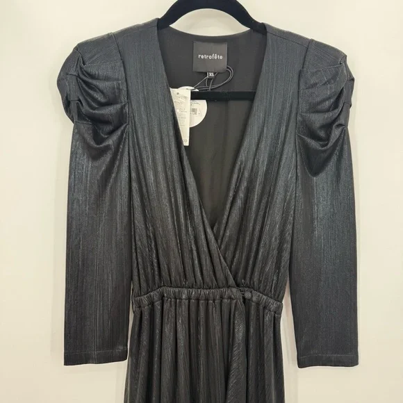 NWT Retrofete Flora Black Maxi Evening Dress Long Sleeve High Slit V-Neck XS - Picture 8 of 16